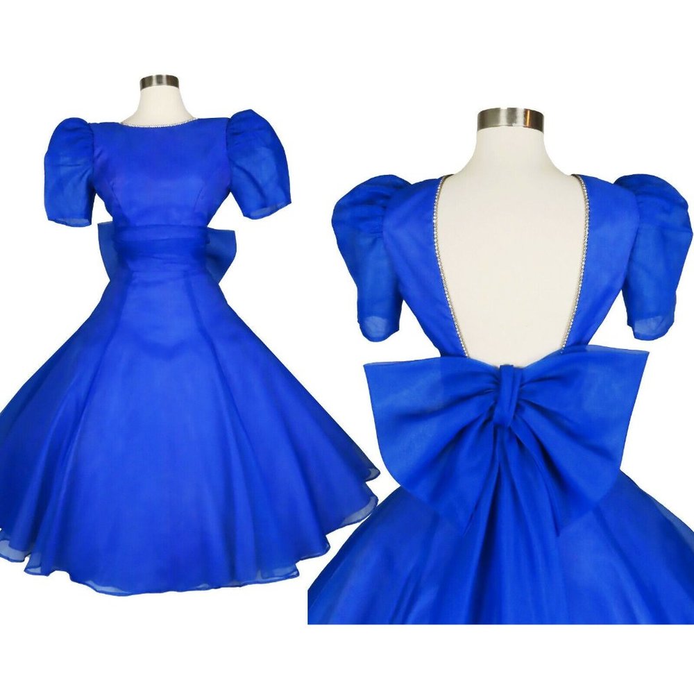 Vintage 80s Blue BOW Rhinestone Puff Sleeve Organza Full Skirt Prom Party XS S